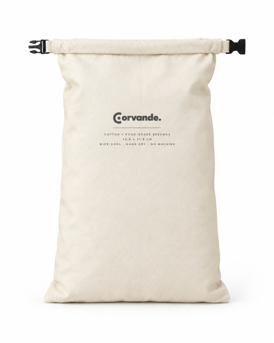 Back of the bread bag with the Corvande wordmark and care details