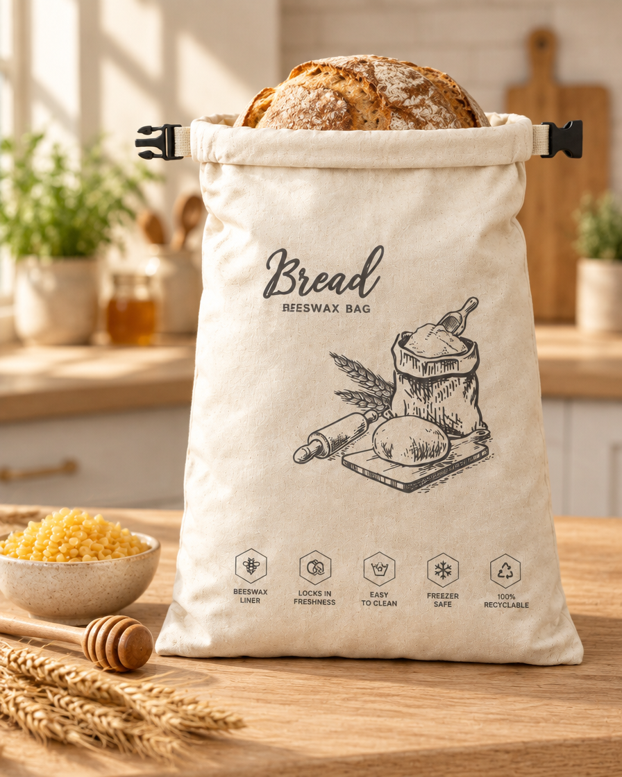 Bread bag on a kitchen counter with beeswax pellets and dried wheat