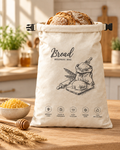 Bread bag on a kitchen counter with beeswax pellets and dried wheat