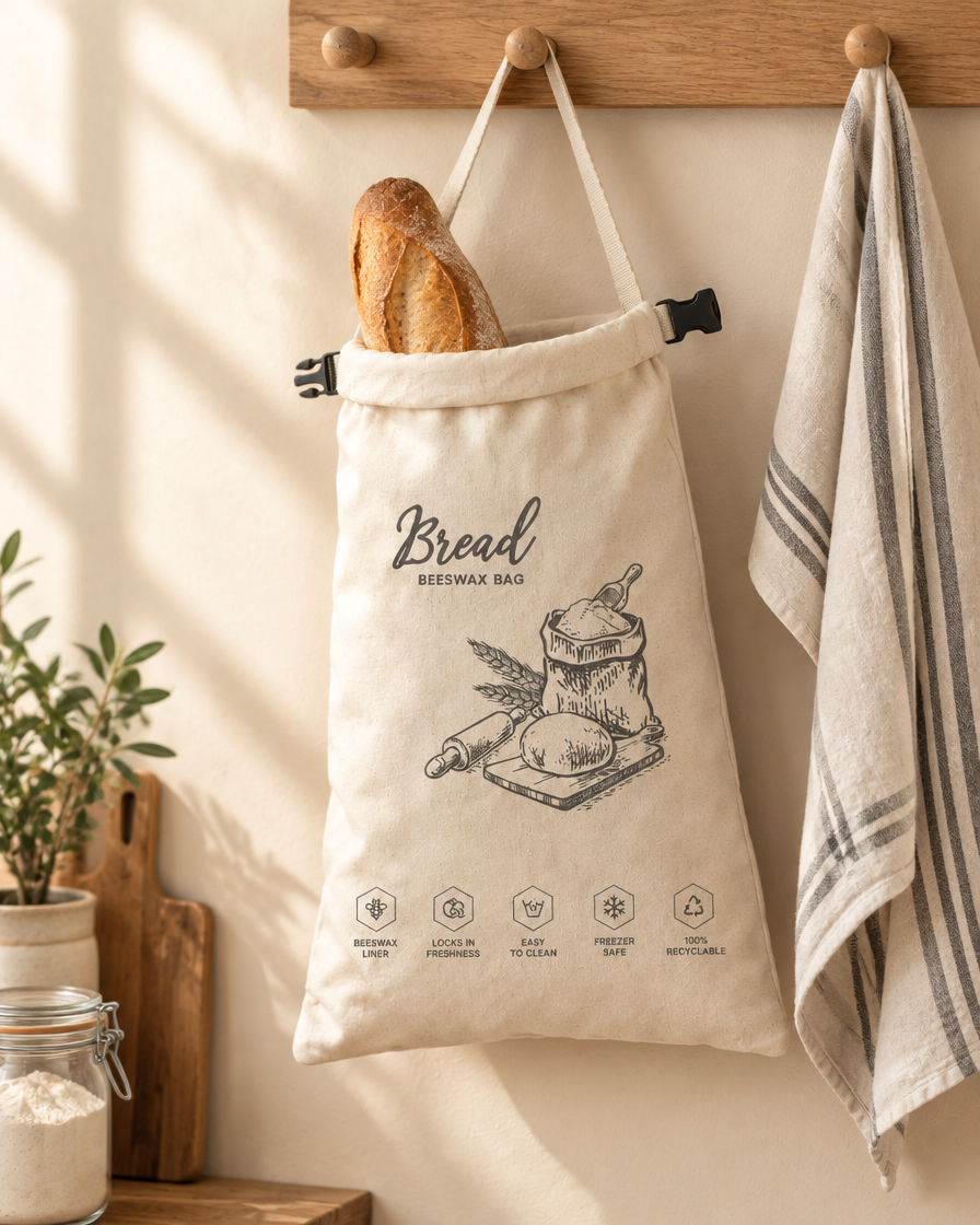 Bread bag hanging from a wooden peg rail with a baguette inside