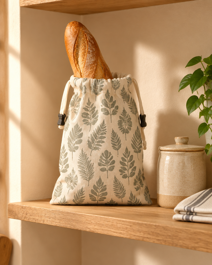 The bread bag on a kitchen shelf with a baguette inside