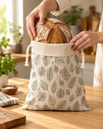 A sourdough loaf going into the Orchard Leaf bread bag on a kitchen counter