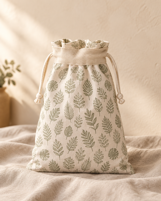 Orchard Leaf beeswax bread bag standing on natural linen