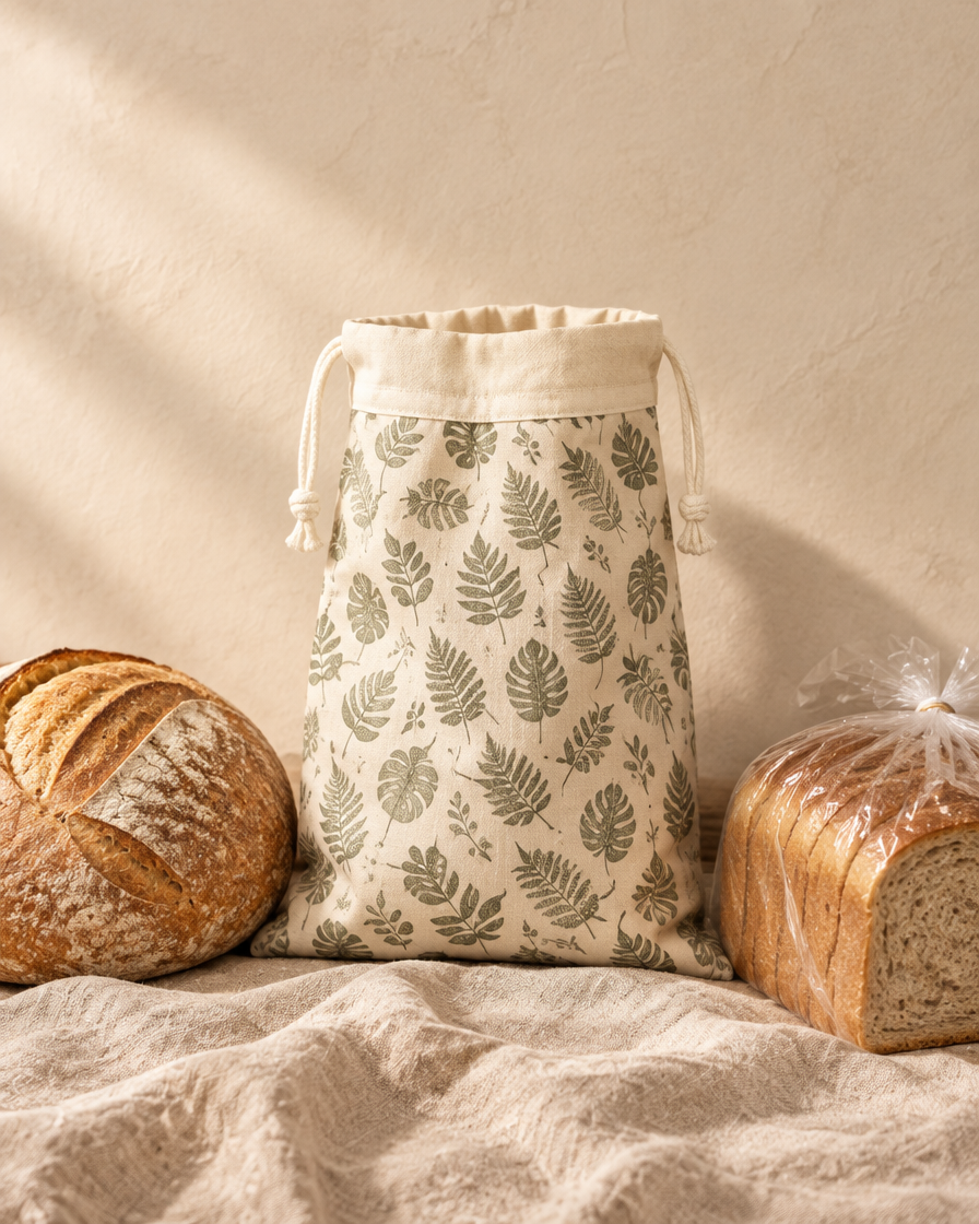 The bread bag beside a sourdough boule and a sliced loaf for scale