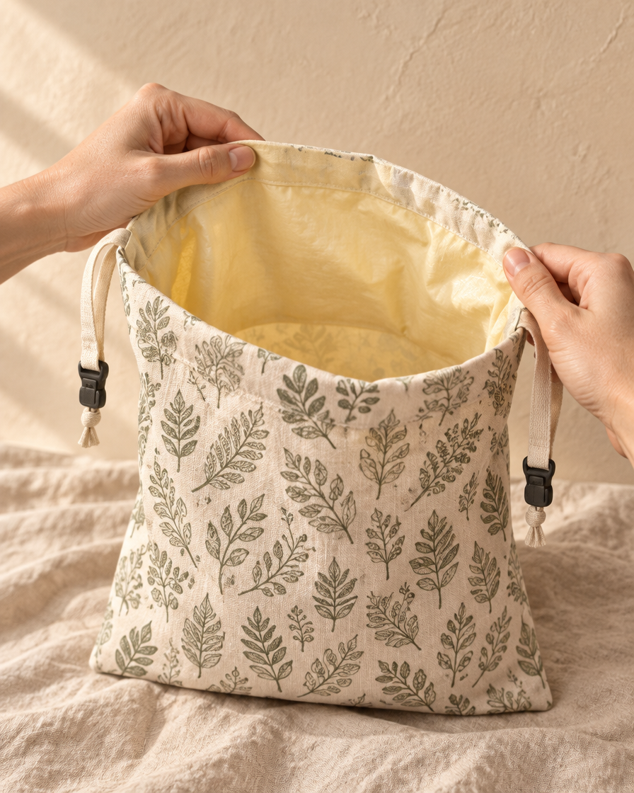 The bag held open showing the pale beeswax lining inside