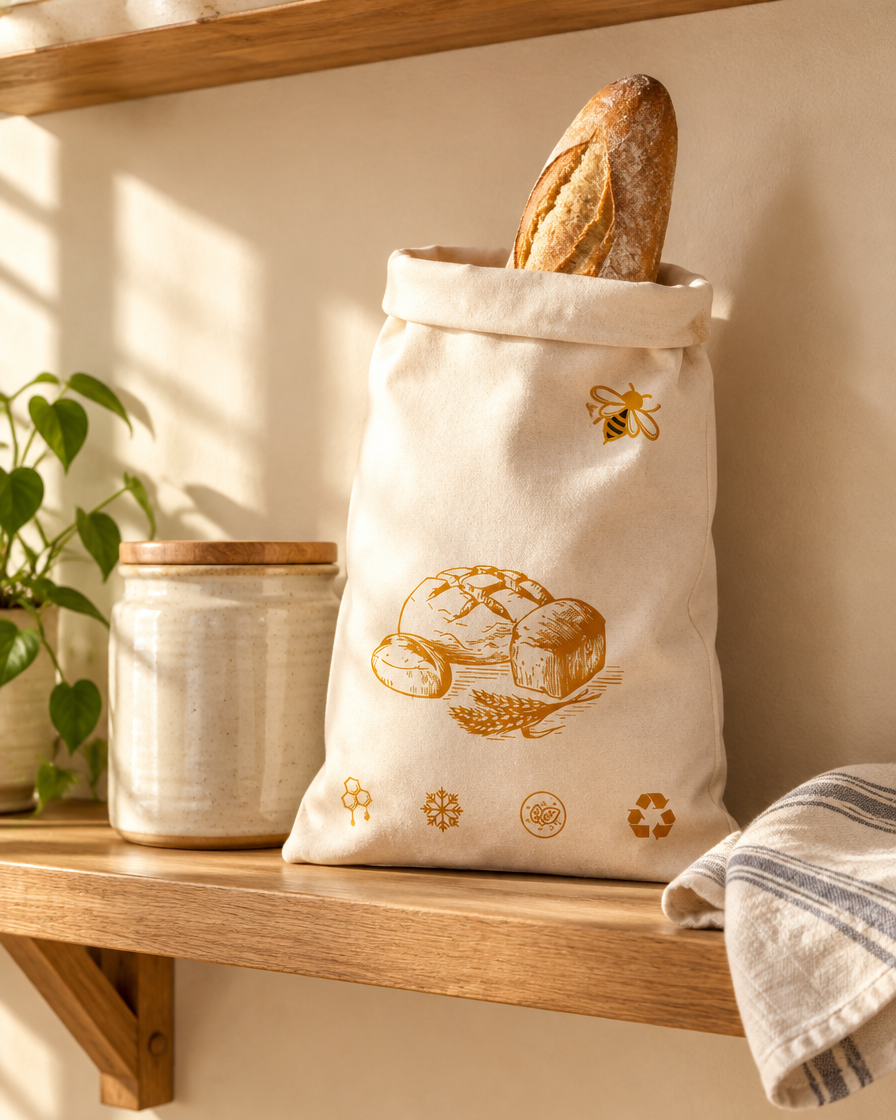 The bread bag on a kitchen shelf with a baguette inside