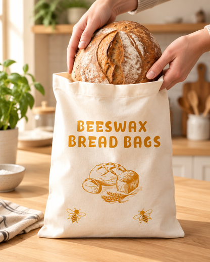 A sourdough loaf going into the Baker's Script bread bag on a kitchen counter