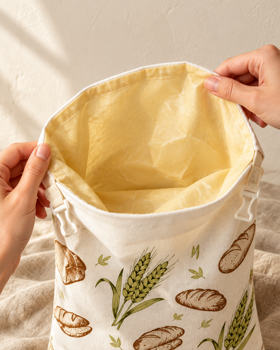 The bag held open showing the pale beeswax lining inside