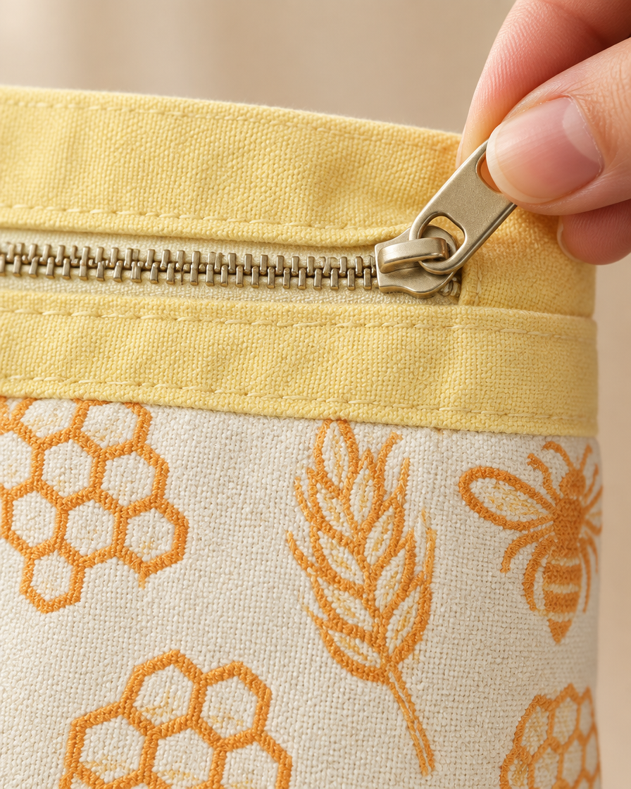 Close-up of the zip running across the butter-yellow band