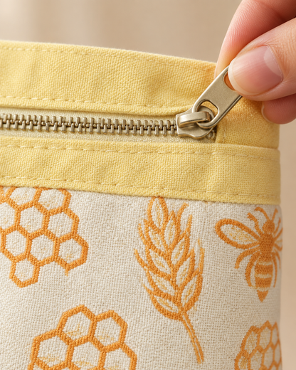 Close-up of the zip running across the butter-yellow band