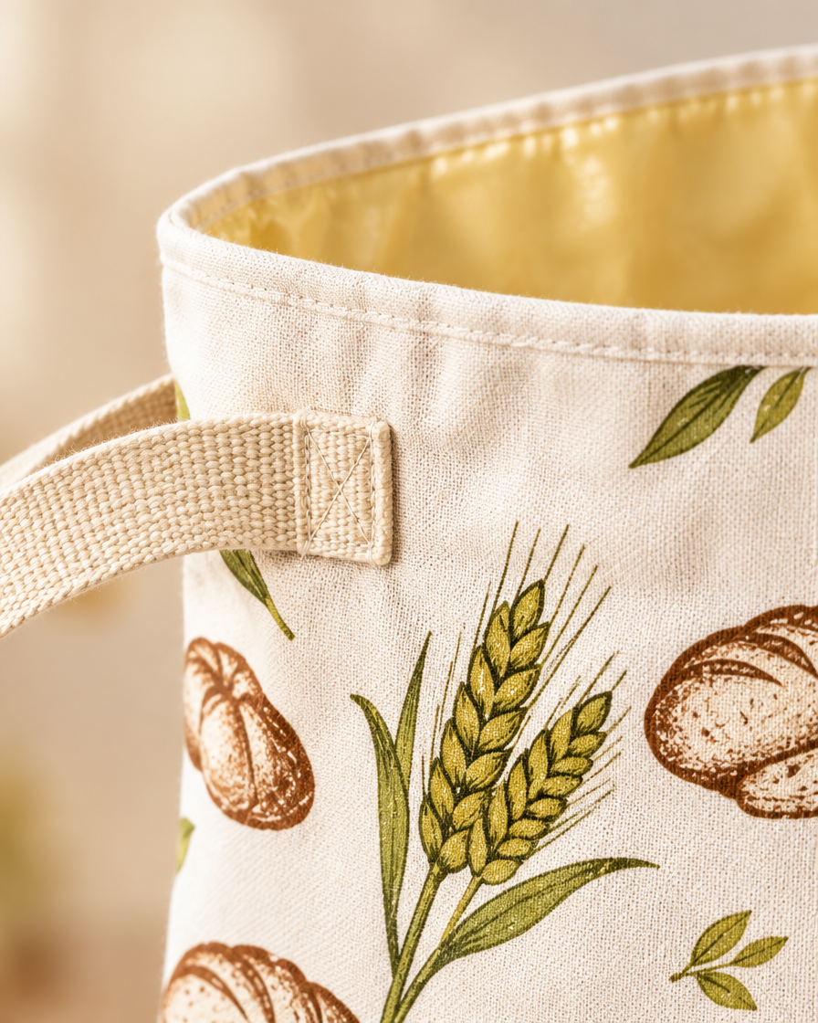 Close-up of the open top edge and woven side handle