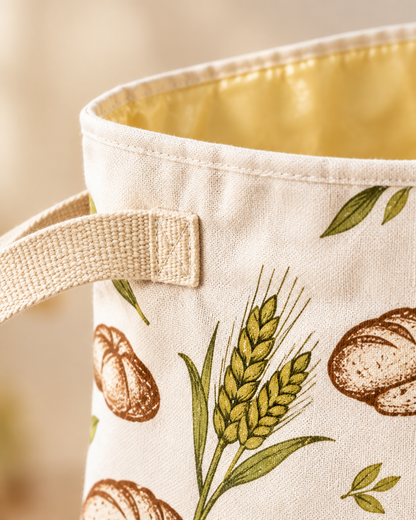 Close-up of the open top edge and woven side handle