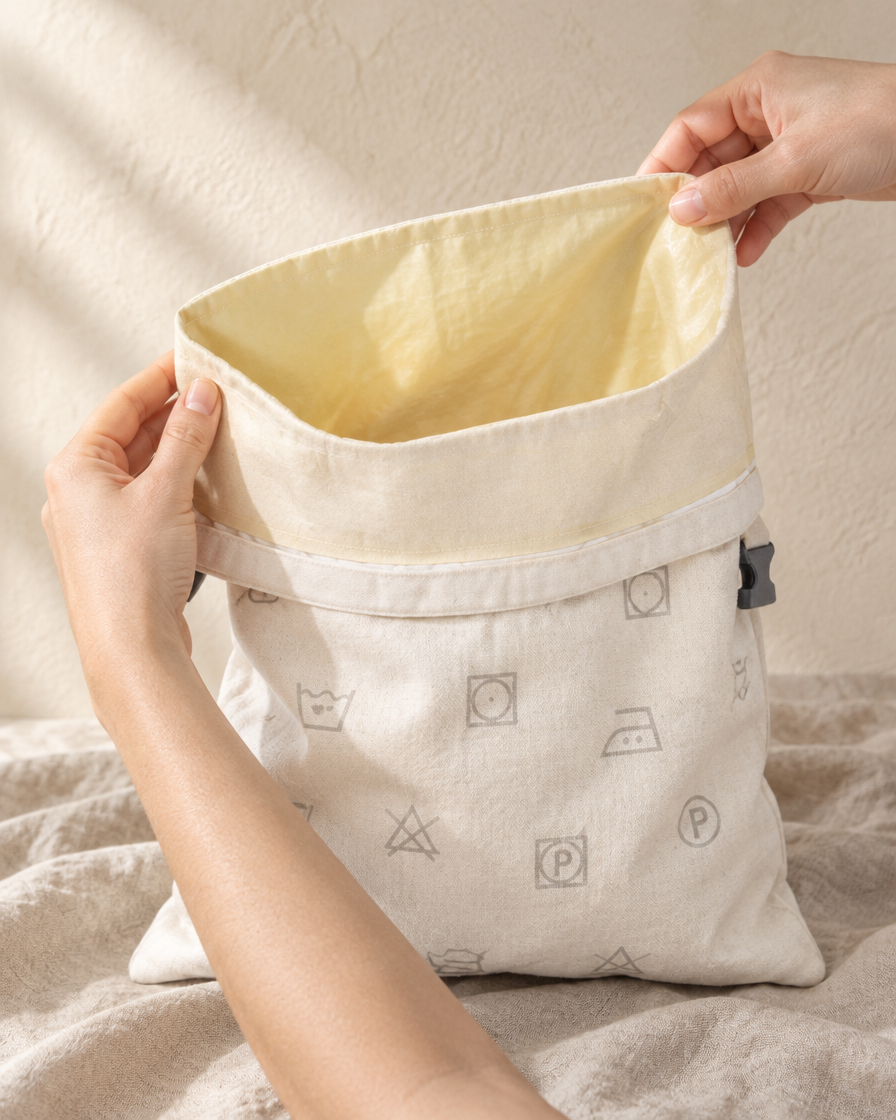 The bag held open showing the pale beeswax lining inside