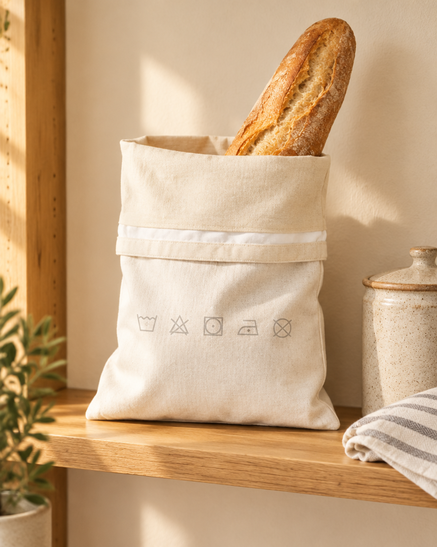 The bread bag on a kitchen shelf with a baguette inside