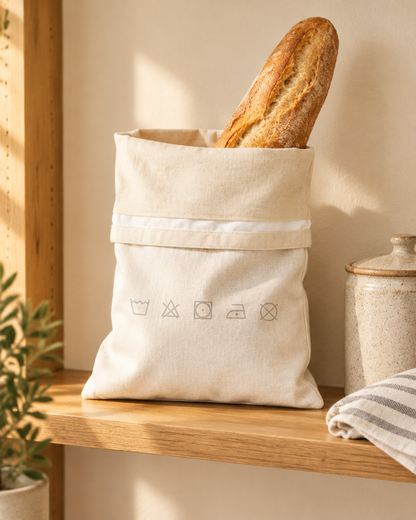 The bread bag on a kitchen shelf with a baguette inside
