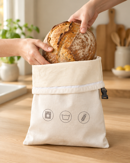 A sourdough loaf going into the Washday bread bag on a kitchen counter
