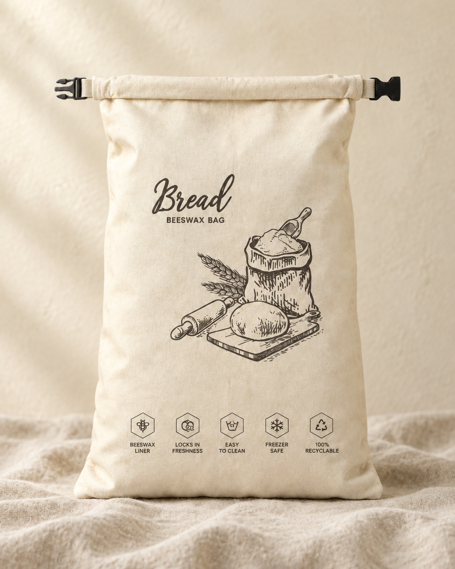 Beeswax bread bag in beige, roll-top with buckle strap