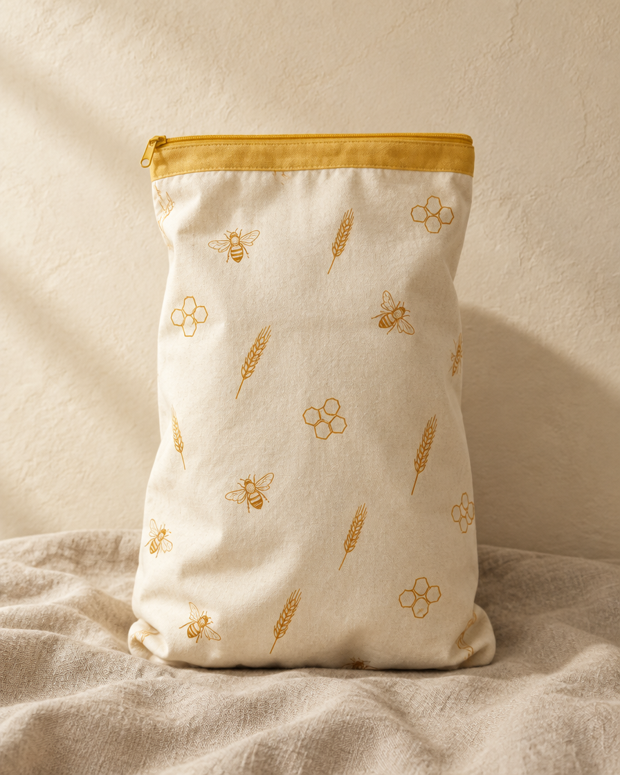 Honeycomb beeswax bread bag — amber bees, wheat and hexagons on cream cotton with a butter-yellow zip band, standing on linen