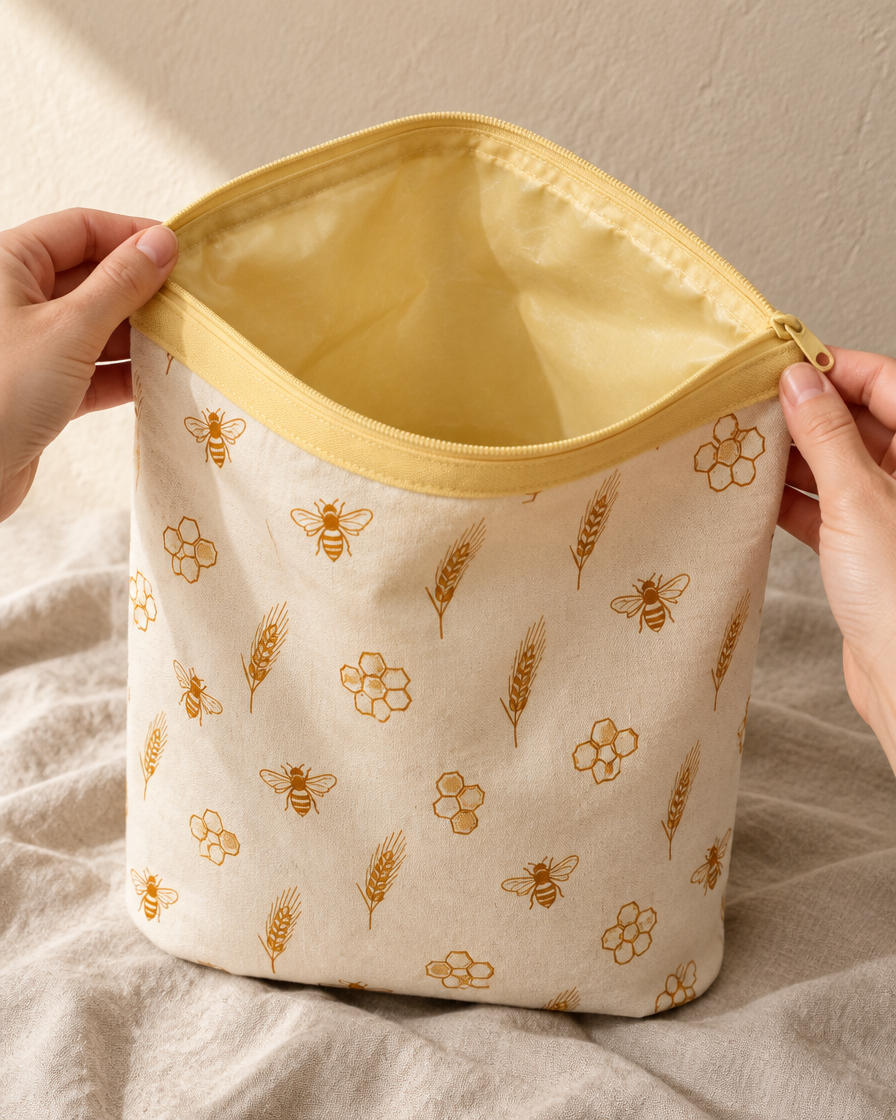 The bag held open showing the pale beeswax lining inside