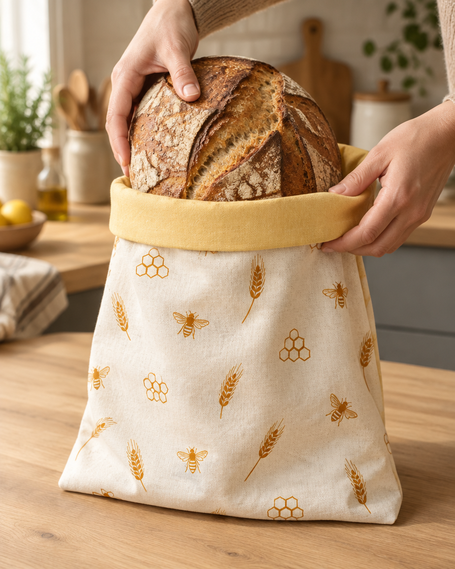 A sourdough loaf going into the Honeycomb bread bag on a kitchen counter