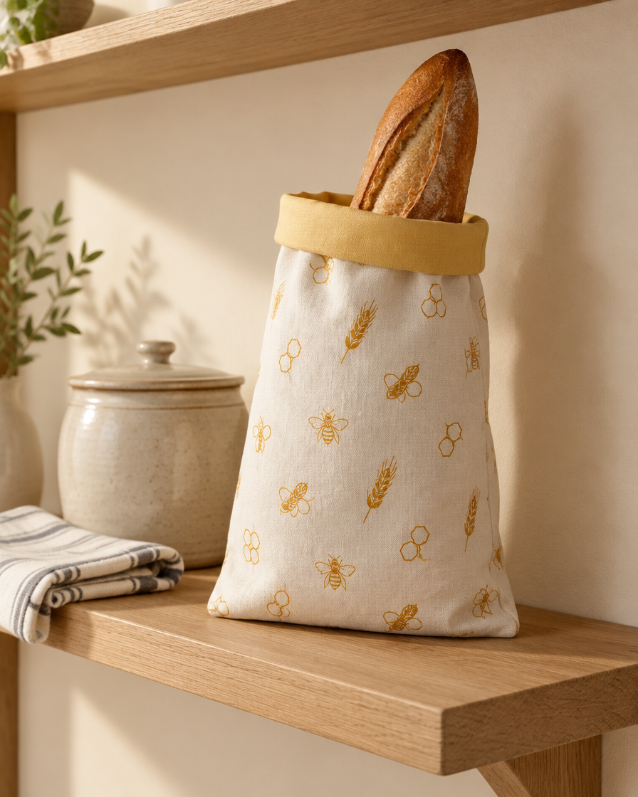 The bread bag on a kitchen shelf with a baguette inside