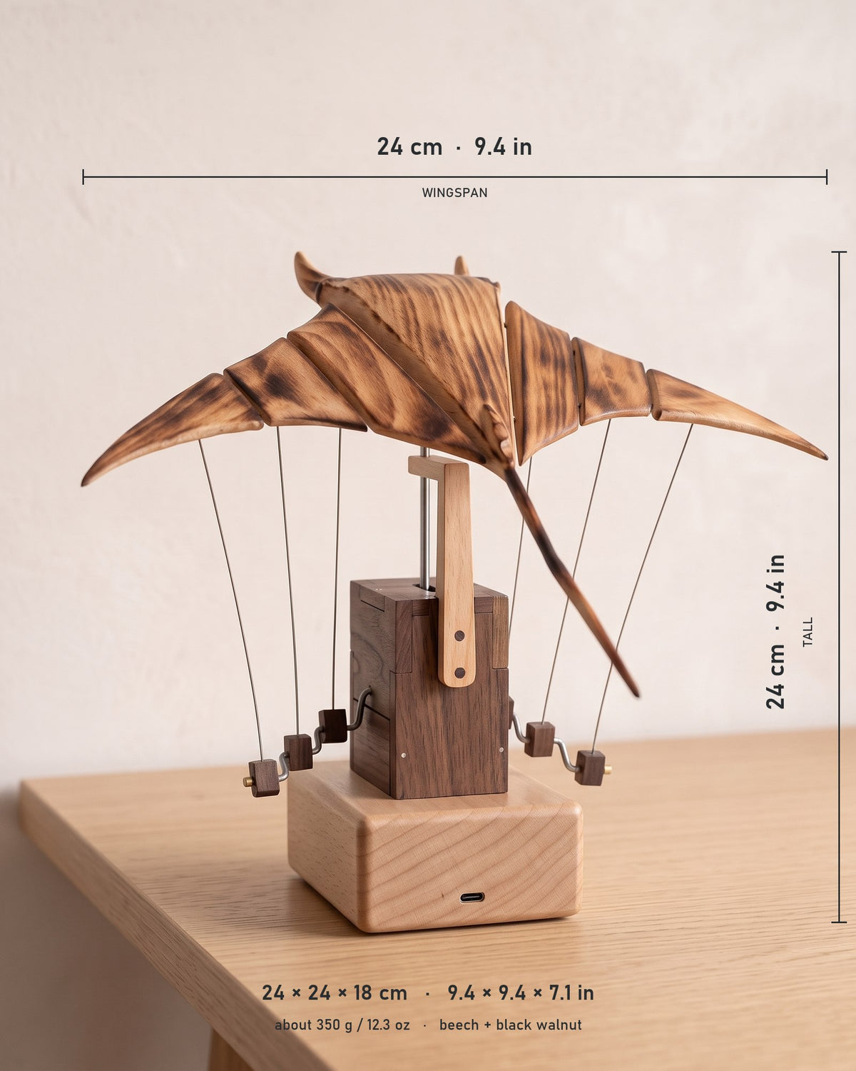Wooden manta ray sculpture with size labels: 24 x 24 x 18 cm, about 350 g