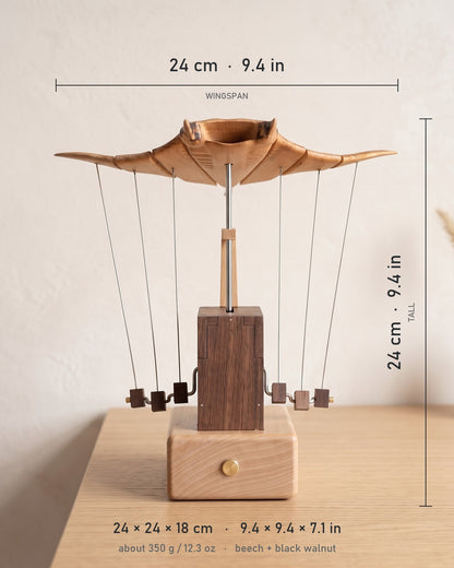 Size of the wooden manta ray: 24 x 24 x 18 cm (9.4 x 9.4 x 7.1 in), about 350 g (12.3 oz), beech and black walnut