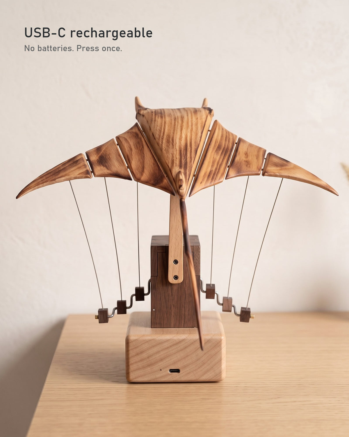 Back of the manta ray showing flame-burnt beech wings and the USB-C charging port on the beech base