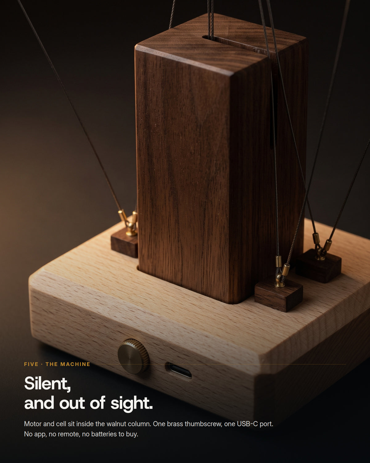The base: brass thumbscrew and USB-C port in the beech, walnut column above