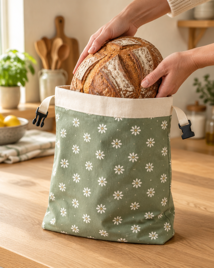 A sourdough loaf going into the Meadow bread bag on a kitchen counter