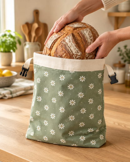 A sourdough loaf going into the Meadow bread bag on a kitchen counter