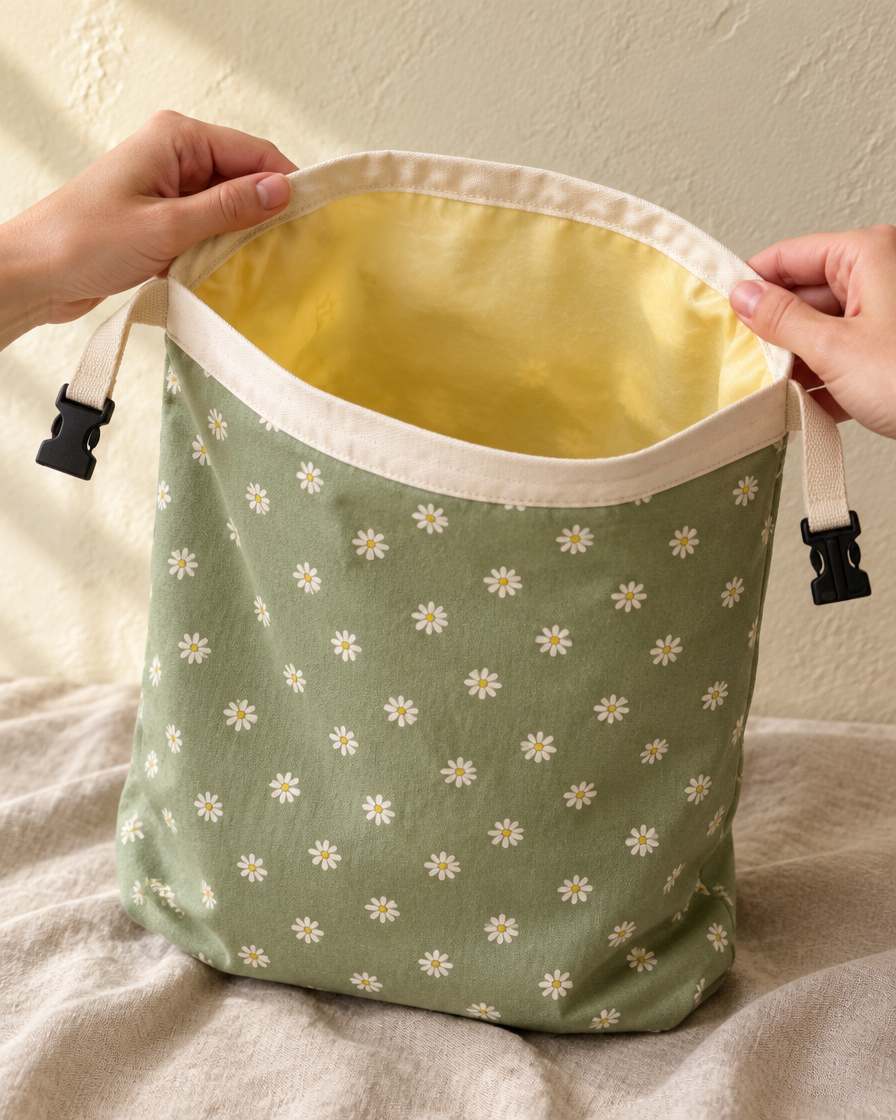 The bag held open showing the pale beeswax lining inside