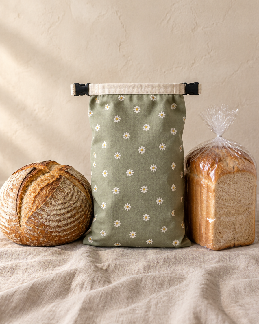 The bread bag beside a sourdough boule and a sliced loaf for scale