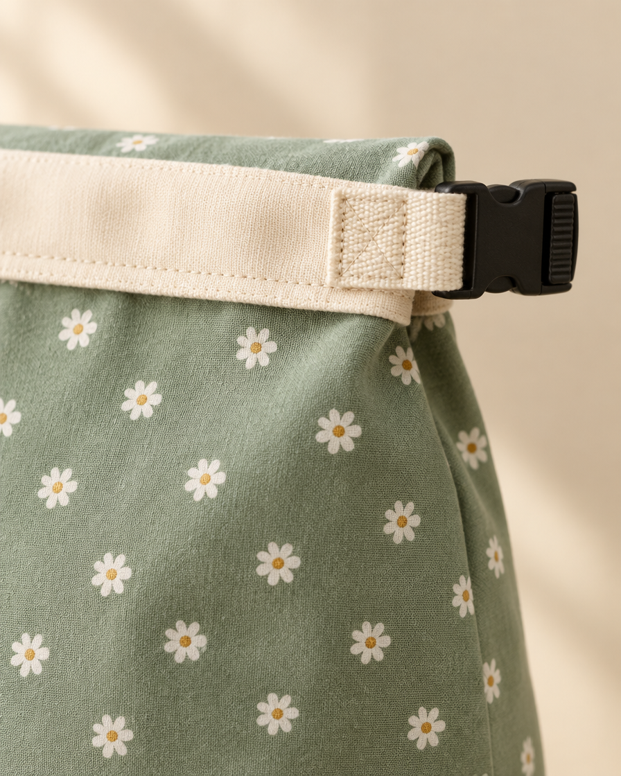 Close-up of the cream webbing tab and black side-release buckle