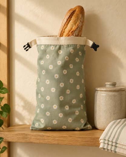The bread bag on a kitchen shelf with a baguette inside