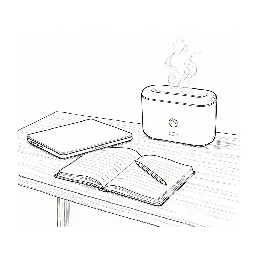 Line drawing of the diffuser on a desk beside a laptop and an open notebook