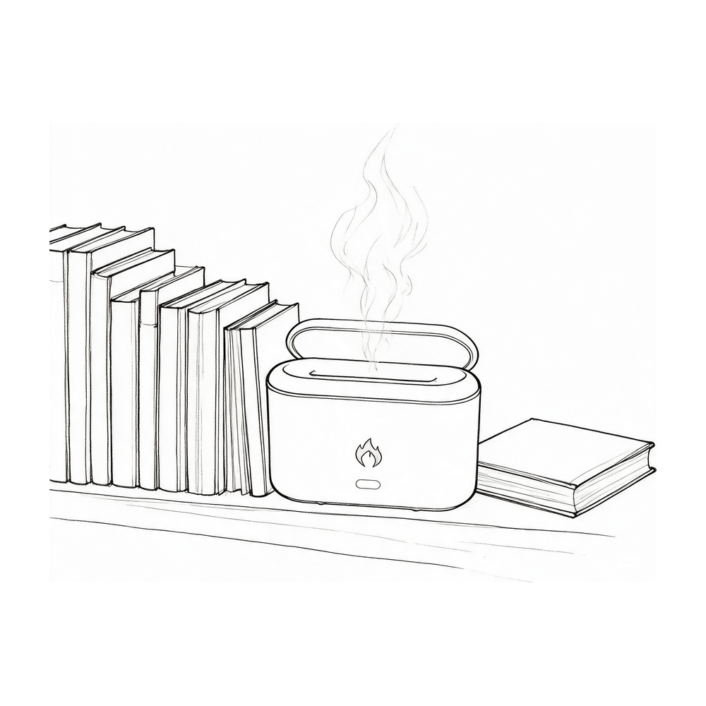 Line drawing of the diffuser on a bookshelf at the end of a row of books
