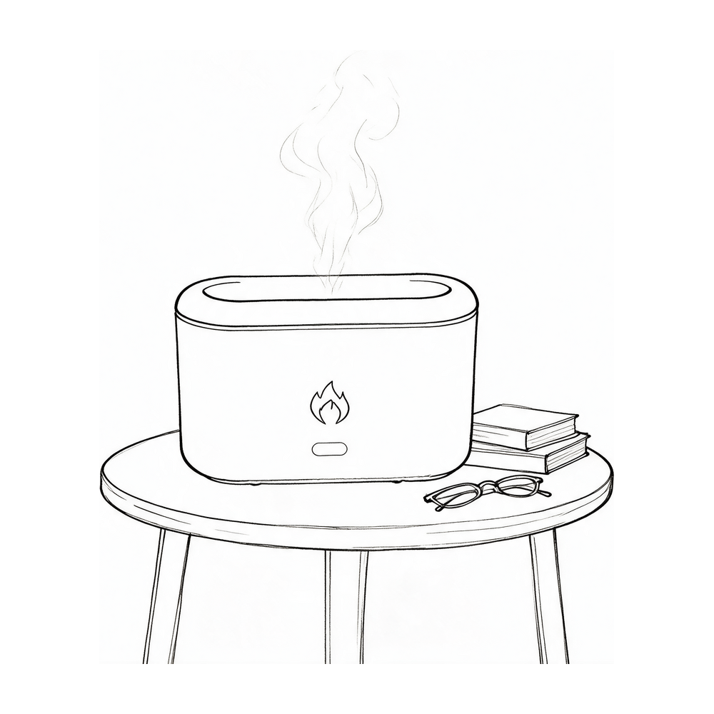 Line drawing of the diffuser on a bedside table beside books and reading glasses