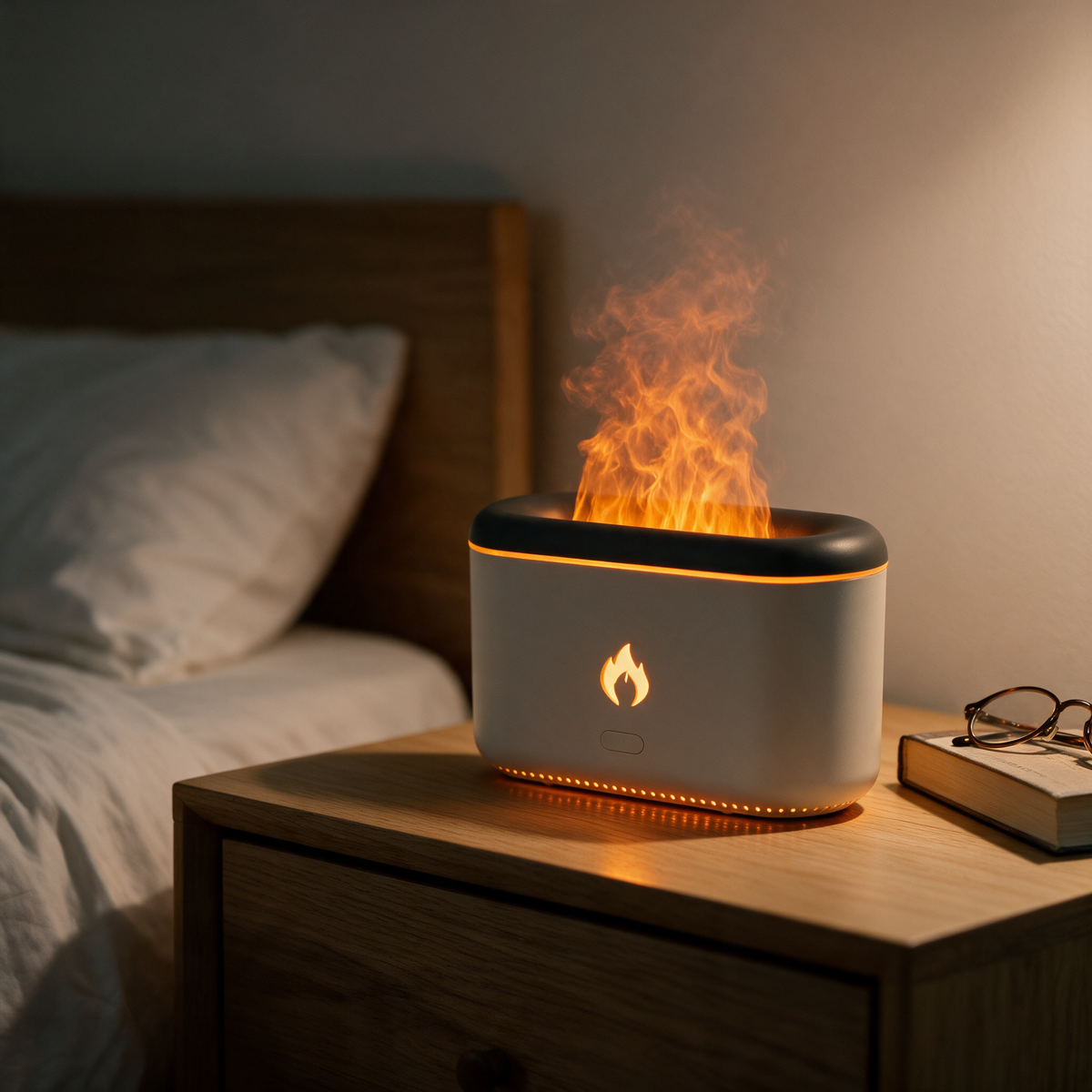Mini Hearth Humidifier on a bedside table