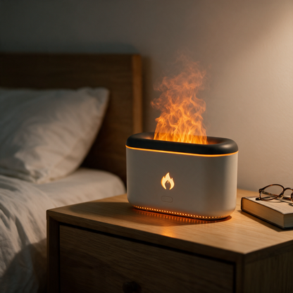 Mini Hearth Humidifier on a bedside table