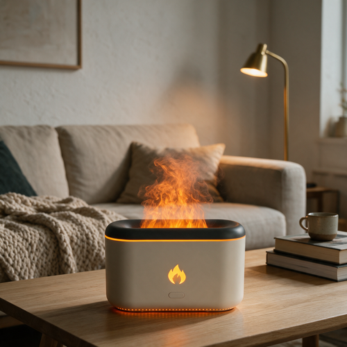 Mini Hearth Humidifier on a living room coffee table