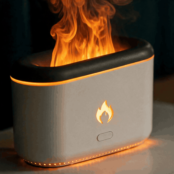 Close-up of the Mini Hearth Diffuser amber flame-shaped mist