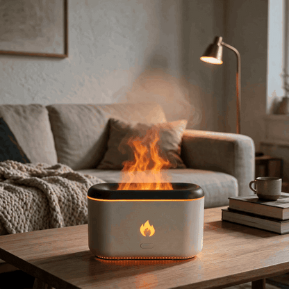 Mini Hearth Humidifier releasing cool mist on a living room coffee table