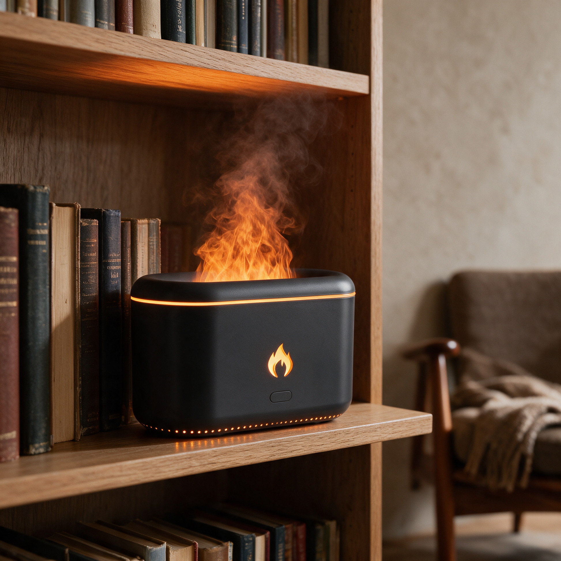 Mini Hearth Humidifier in black on a bookshelf