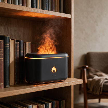 Mini Hearth Humidifier in black on a bookshelf