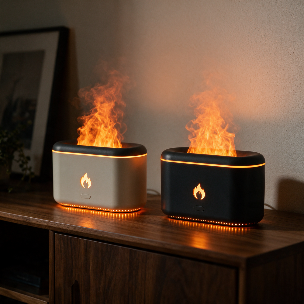 The cream and the black diffuser lit on a console table, the only light in the room