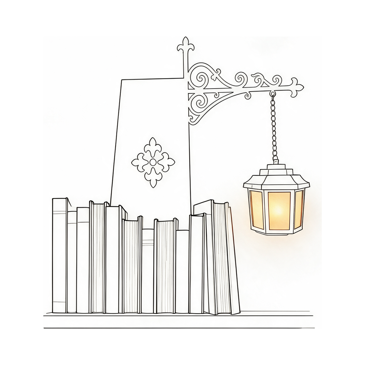 Line drawing: the bracket slid between two books on a shelf