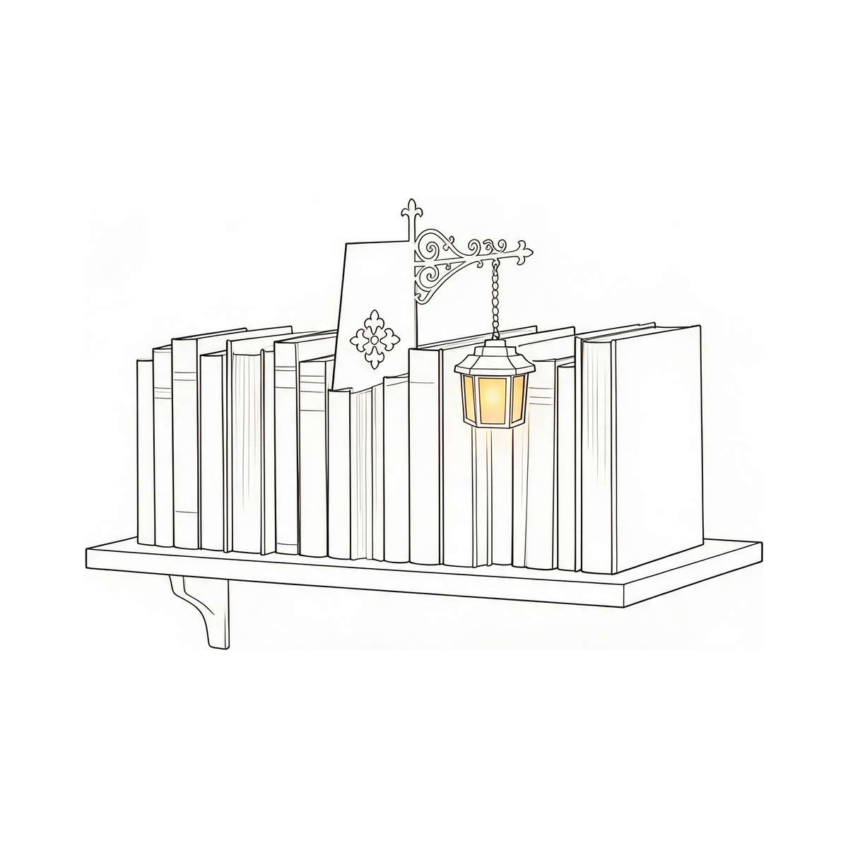 Line drawing: the bracket on a narrow wall shelf above a desk