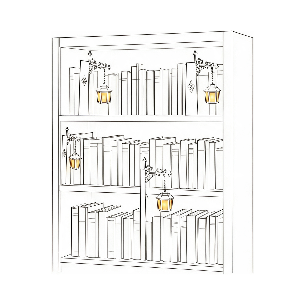Line drawing: several lanterns slotted between books on different shelves of one bookcase