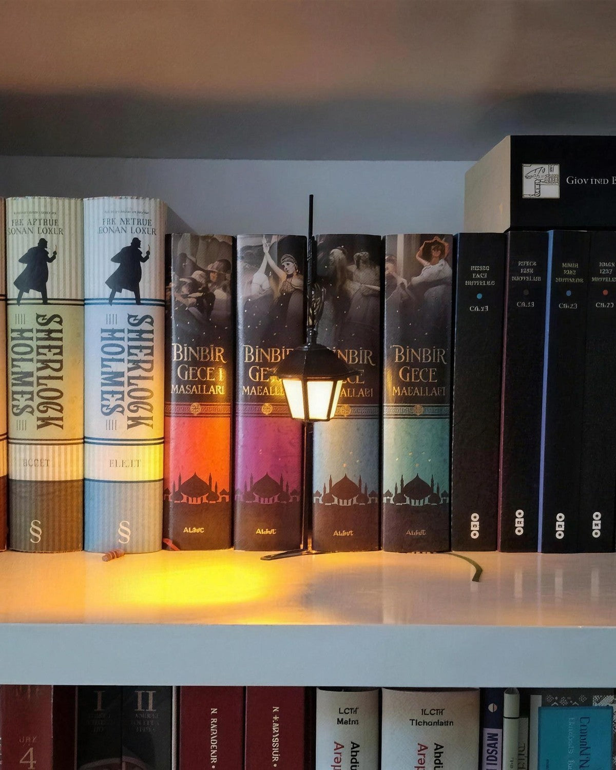 Lantern glowing between books on a shelf